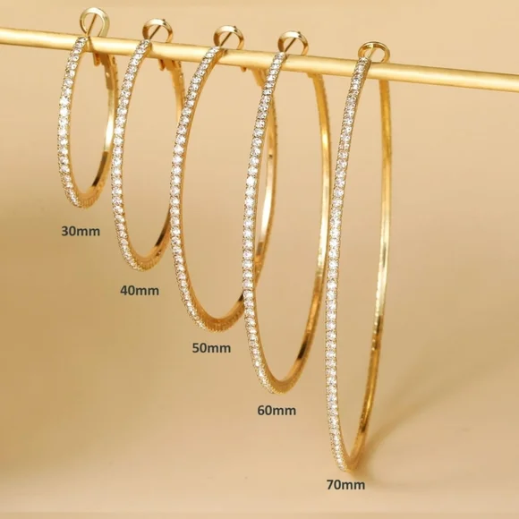 925 Sterling Silver Earrings Large Rhinestone Hoop Earrings Cubic Zirconia Gold - Picture 2 of 2